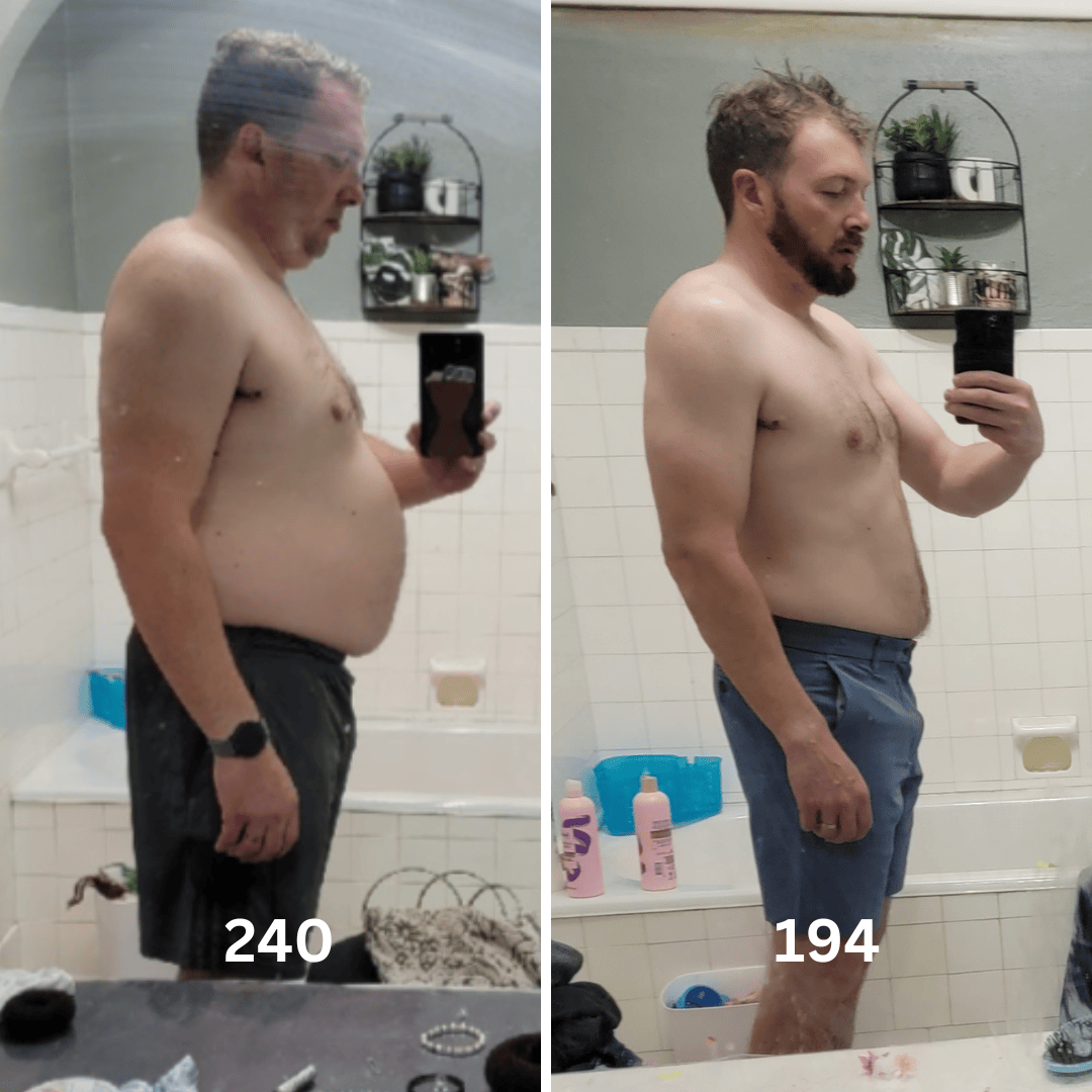 Side-view comparison showing Andrew at 240 and 194 pounds